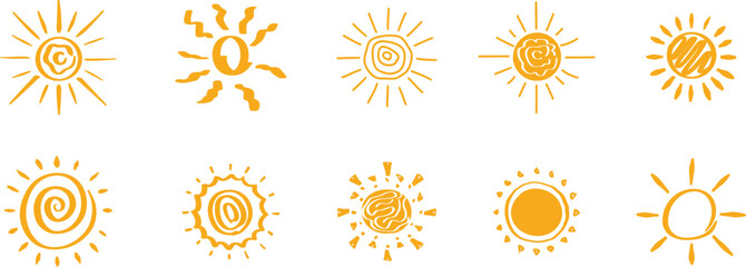 Hand drawn doodle sun sketch illustration pack. Children drawn style. Vector illustration.