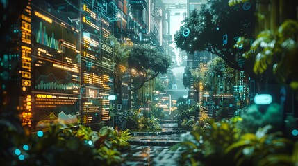 An interactive holographic display of a citys air quality data in a futuristic park filled with greenery and clean energy sources