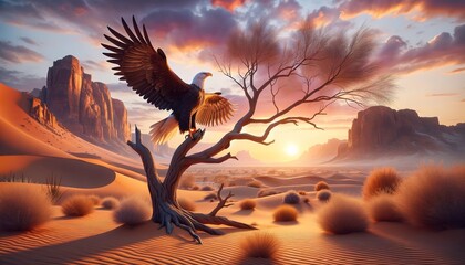 Eagle 14 with outstretched wings sits on a dry tree in the desert against a background of flat-topped mountains in the morning during sunrise - Powered by Adobe