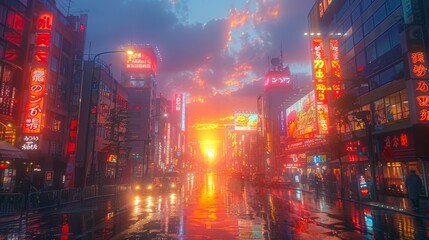 Fototapeta premium Japan city street at night. neon lights and billboards 