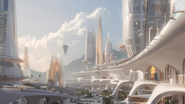A stunning depiction of a futuristic city with sleek architecture, elevated walkways, and advanced transportation systems, set against a backdrop of majestic mountains and a sky filled with floating s