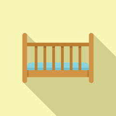 Minimalist image of a wooden baby crib with blue bedding, in flat design style on a pastel background