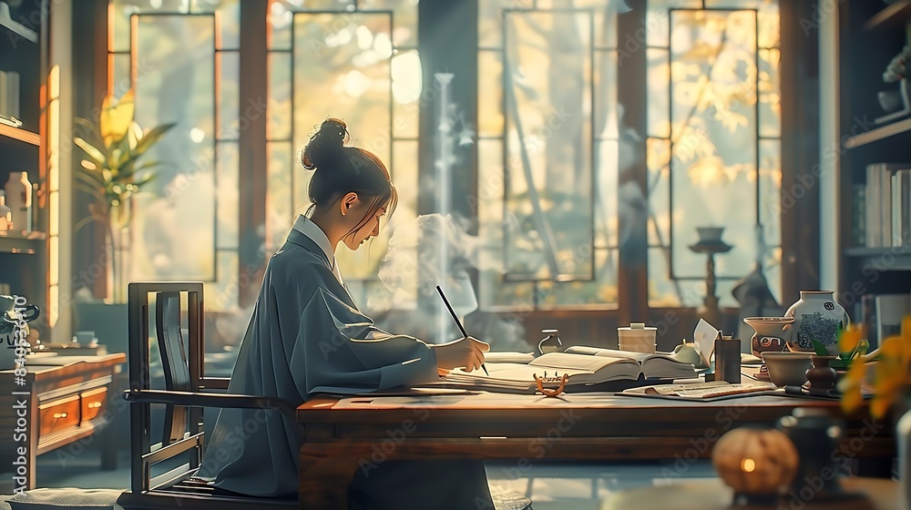 Poster a korean parent practicing calligraphy in a peaceful home studio : generative ai