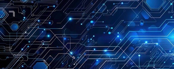 Obraz premium Digital technology background with hexagons and circuits in the style of circuit boards, with a blue color theme, on a dark navy blue banner for website design or technology concept backgrounds. 