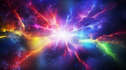 Fototapeta premium Energizing Rainbow Lightning Burst - Vibrant Electric Energy on Colorful Background with Copy Space, Center Focus Concept