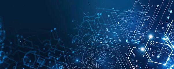 Fototapeta premium Digital technology background with hexagons and circuits in the style of circuit boards, with a blue color theme, on a dark navy blue banner for website design or technology concept backgrounds. 