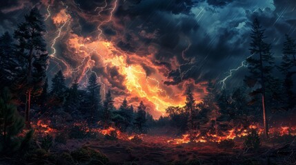 3D illustration of a stormy night sky with lightning bolts. A mountain landscape at night with flashes of lightning and thunder.