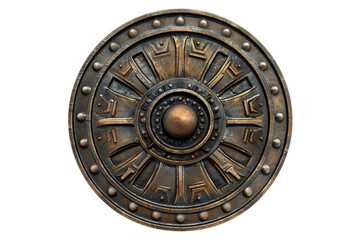 Obraz premium Antique round shield featuring detailed ornate patterns and aged metallic texture, perfect for historical and fantasy themes.