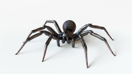 Detailed close-up of a black spider against a white background, showcasing its intricate body and legs.