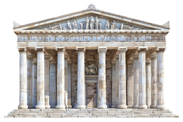 Obraz premium Classical Greek temple facade with iconic columns and detailed pediment, isolated on a transparent background.