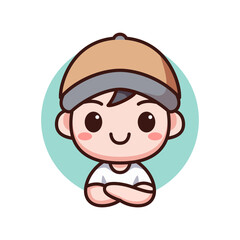 cute boy wearing brown cap cartoon character vector illustration template design