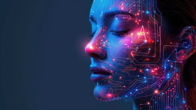 Female robot face with futuristic and geometric glowing lines on face and neck, AI robot, artificial intelligence concept copy space for text