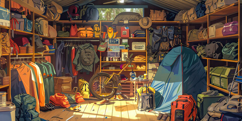 Outdoor Adventure Clearance: Outdoor gear store with camping equipment, hiking gear, and banners highlighting Adventure Gear Sale.