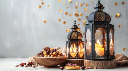 Obraz premium Lanterns glowing candles with dates and more sweets in bowl copy space for text ramadan or eid celebrating background
