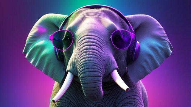 An elephant sporting stylish sunglasses and wireless headphones stands out against a vibrant neon blue, green, and purple background.