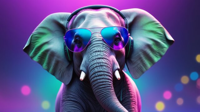 The elephant's confident pose and accessories give it a fun and modern vibe, making it look ready to enjoy some music.