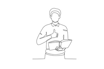 Continuous one line drawing of Student is holding a book, student day concept. Modern continuous line draw design graphic vector illustration

