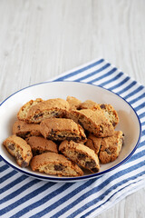 Chocolate Cantuccini on a Plate, side view. Copy space.
