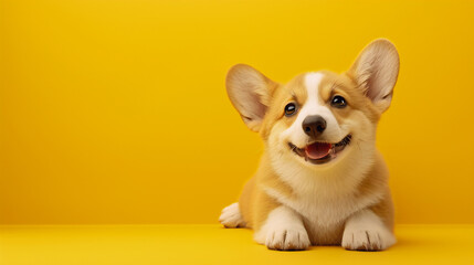 Close-up portrait of lying welsh corgi pembroke dog. Funny pet on clear yellow background. Fashion, style, cool animal concept with copy space. For greeting card, birthday, party, ads, social media.