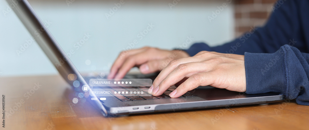 Wall mural close up man hand type to access privacy profile on account in online system by put username and pas