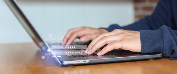 close up man hand type to access privacy profile on account in online system by put username and...