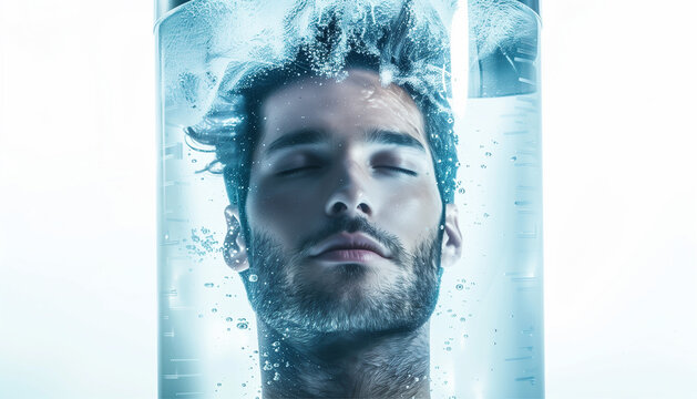 cryosleep concept. A man body is frozen in a capsule Isolated on white background