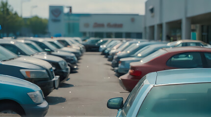 cars parked in a parking lot in front of a building