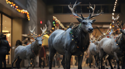 a many fake reindeers that are walking down the street