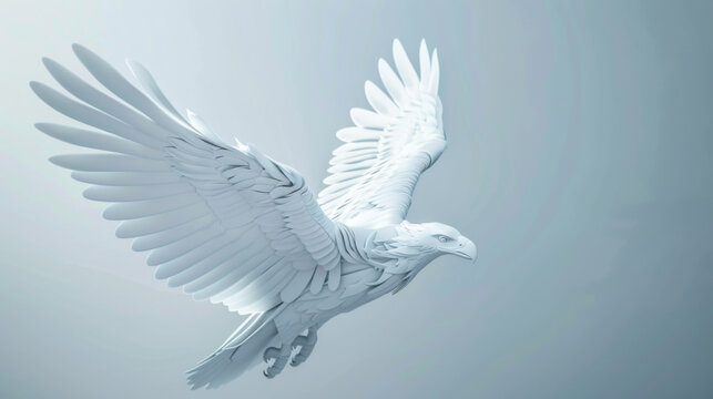 A stunning white sculpture of an eagle in flight, with detailed wings spread, captured against a soft blue background.