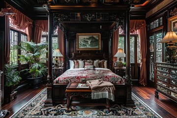 This image presents a refined traditional Asian bedroom, featuring an exquisite rosewood four-poster bed, capturing the essence of timeless elegance and cultural heritage.