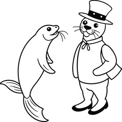 Seal animal coloring pages for kids book. Animal outline vector