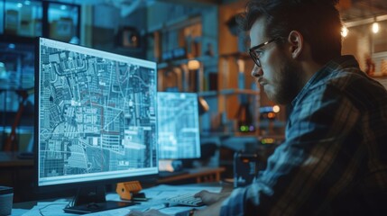 At a construction site, a civil engineer works on a blueprint architectural project from his office workstation.