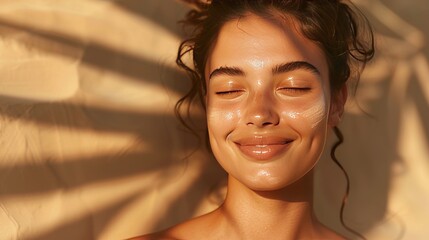 close-up, beauty portrait of a smiling young woman on beige background with sun shine and shadows , skin care concept, copy space
