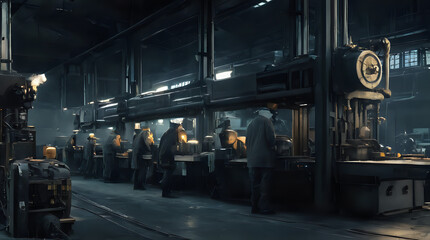 Fototapeta premium a many people working in a factory with a clock