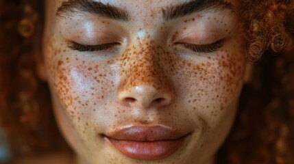 With her eyes closed, a woman of mixed race shows off her freckles
