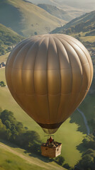 Obraz premium a balloon with people inside flying over a green valley