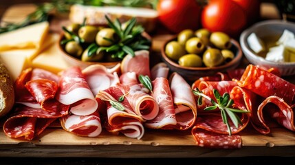 Close-up of Italian charcuterie board with sliced meats, cheese, olives, and fresh tomatoes, perfect for gourmet presentations or food blogs.