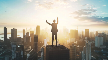 Silhouette of businessman standing on roof with raised fist in the air as a victory success