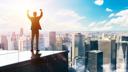 Silhouette of businessman standing on roof with raised fist in the air as a victory success