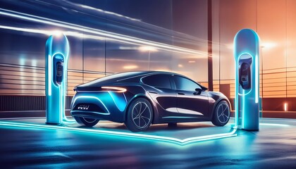 Obraz premium A futuristic electric car charging at a neon-lit station at night. The sleek design of the car is accentuated by the vibrant blue and orange lights.
