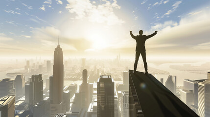 Silhouette of businessman standing on roof with raised fist in the air as a victory success