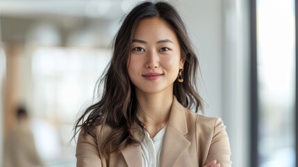 Standing asian woman in office clothing, smiling, confident and dressed professionally, white background