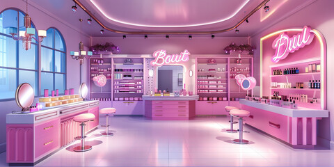 Beauty Salon Glamour Sale: Beauty salon interior with beauty products, makeup displays, and signs promoting Beauty Blowout Deals.