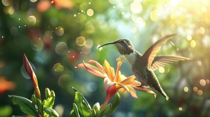 Fototapeta premium Realistic hummingbird drinking nectar, vivid flower, forest bokeh background, sunlight dappling, high-res capture.