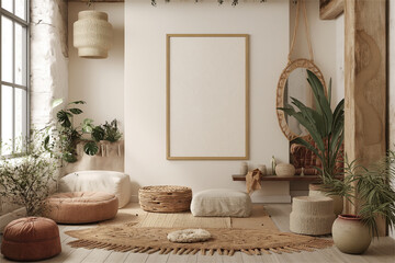 Mockup frame in a boho nomadic interior background with rural decorations