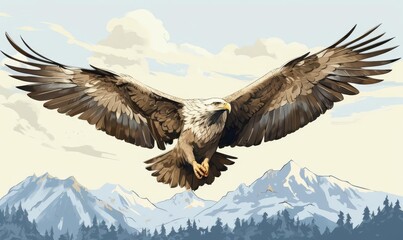 Fototapeta premium Eagle wingspan in flight flat design, side view, raptor study theme, watercolor, monochromatic color scheme