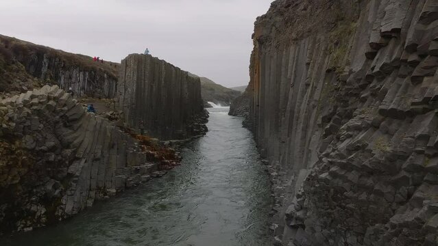 Aerial view of the Studlagil Canyon. Beautiful view ofJokulsa A Bru river. Superb outdoor scene of Iceland, Europe. Beauty of nature concept background.