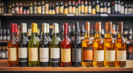 Front view of wine bottles on shelf in liquor store.
