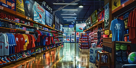 Sporting Goods Extravaganza: Sporting goods store filled with sports equipment, athletic apparel, and banners advertising Mega Clearance Sale