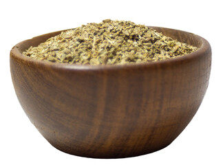 Rustic bowl with anise seeds with white or transparent  background. 
Close-up side view photo of anise seeds with light background. Ingredient for gourmet meals